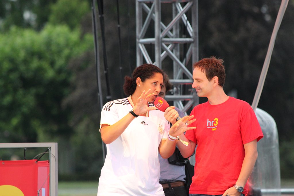 IMG_3420.JPG - Steffi Jones in the hr3 interview. Steffi Jones  http://en.wikipedia.org/wiki/Steffi_Jones  is president of the organisation committee of 2011 FIFA Women's World Cup  http://en.wikipedia.org/wiki/2011_FIFA_Women%27s_World_Cup 