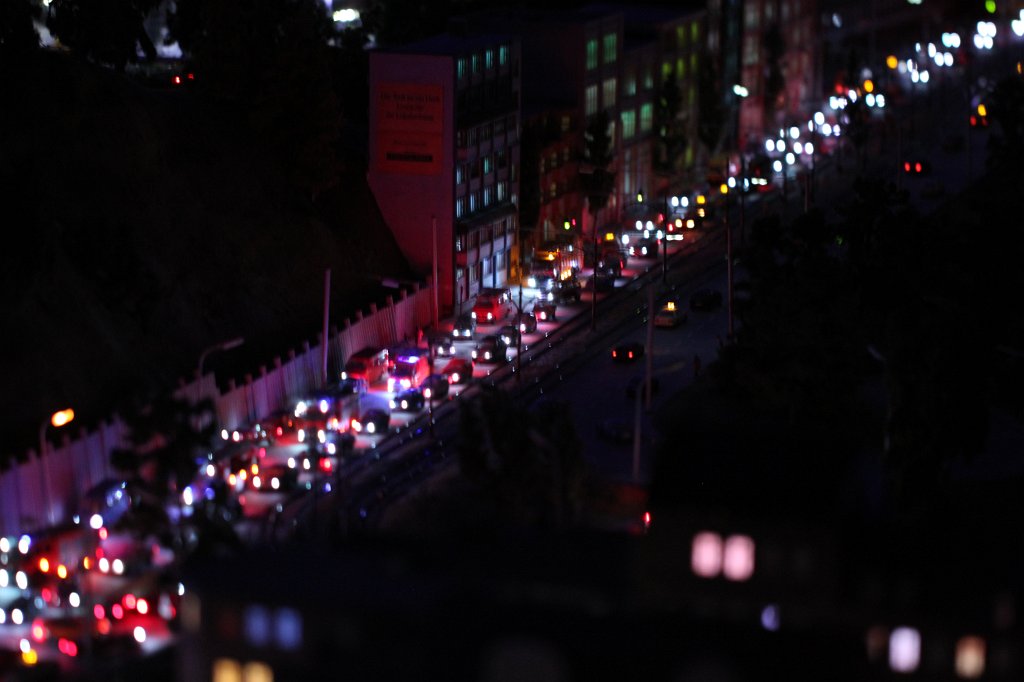 IMG_5703.JPG - Traffic jam after accident in the  Miniatur Wunderland  ( miniature wonderland ). The world largest miniature railway not only host trains but also running cars, trucks, ship and even "flying" airplanes.