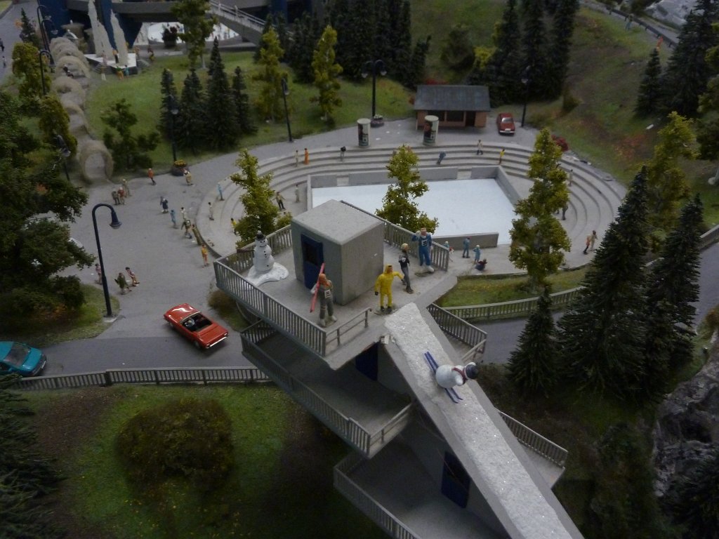 P1050481.JPG - Jumping snowman in the  Miniatur Wunderland  ( miniature wonderland ). The world largest miniature railway not only host trains but also running cars, trucks, ship and even "flying" airplanes.